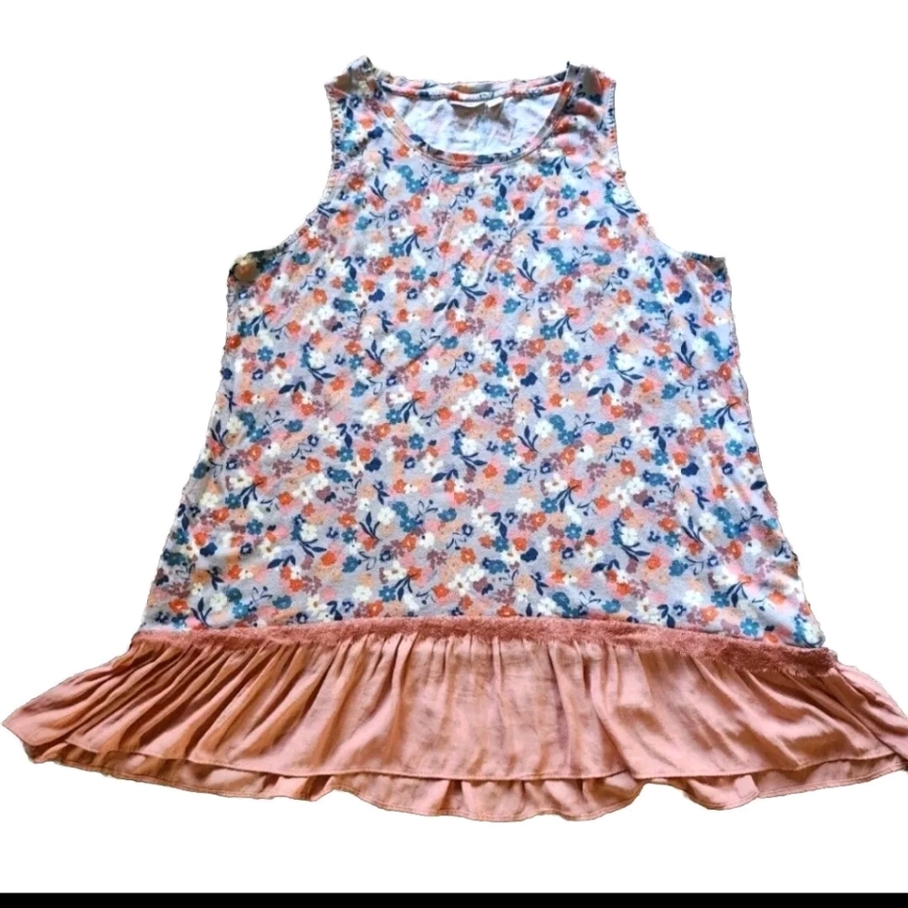 LOGO Lori Goldstein tunic tank Size XL coral and blue floral pattern